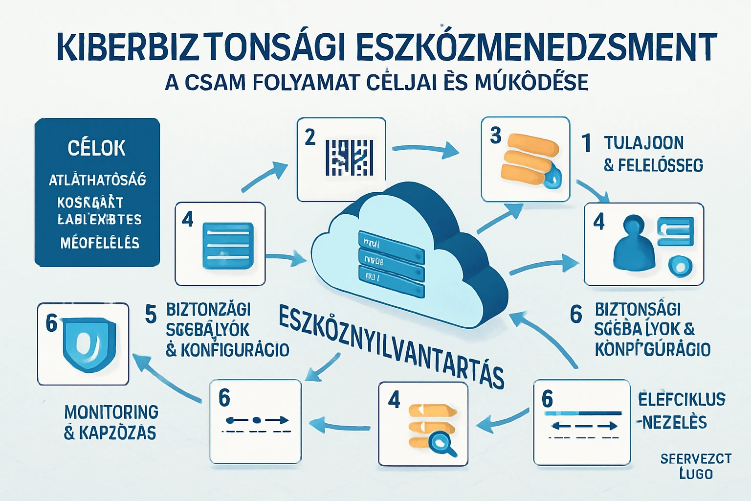 Kiberbiztonsági eszközmenedzsment folyamatábrája, célokkal és lépésekkel.