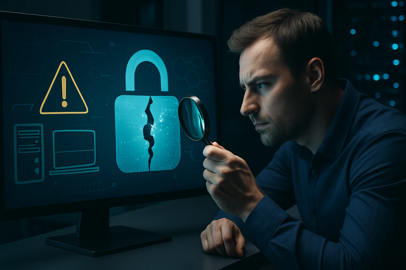 Egy férfi nagyítóval vizsgál egy számítógépes képernyőt, amelyen törött lakat látható.