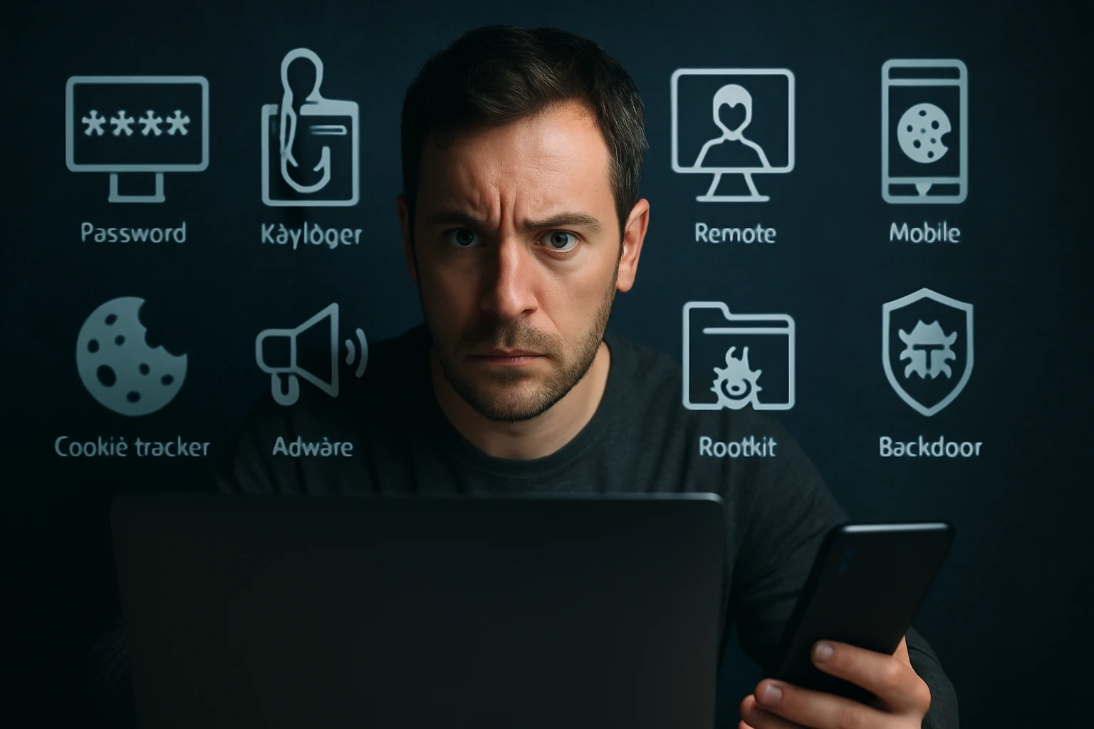 Egy férfi figyelmesen néz egy laptopot, körülötte kiberbiztonsági ikonok.