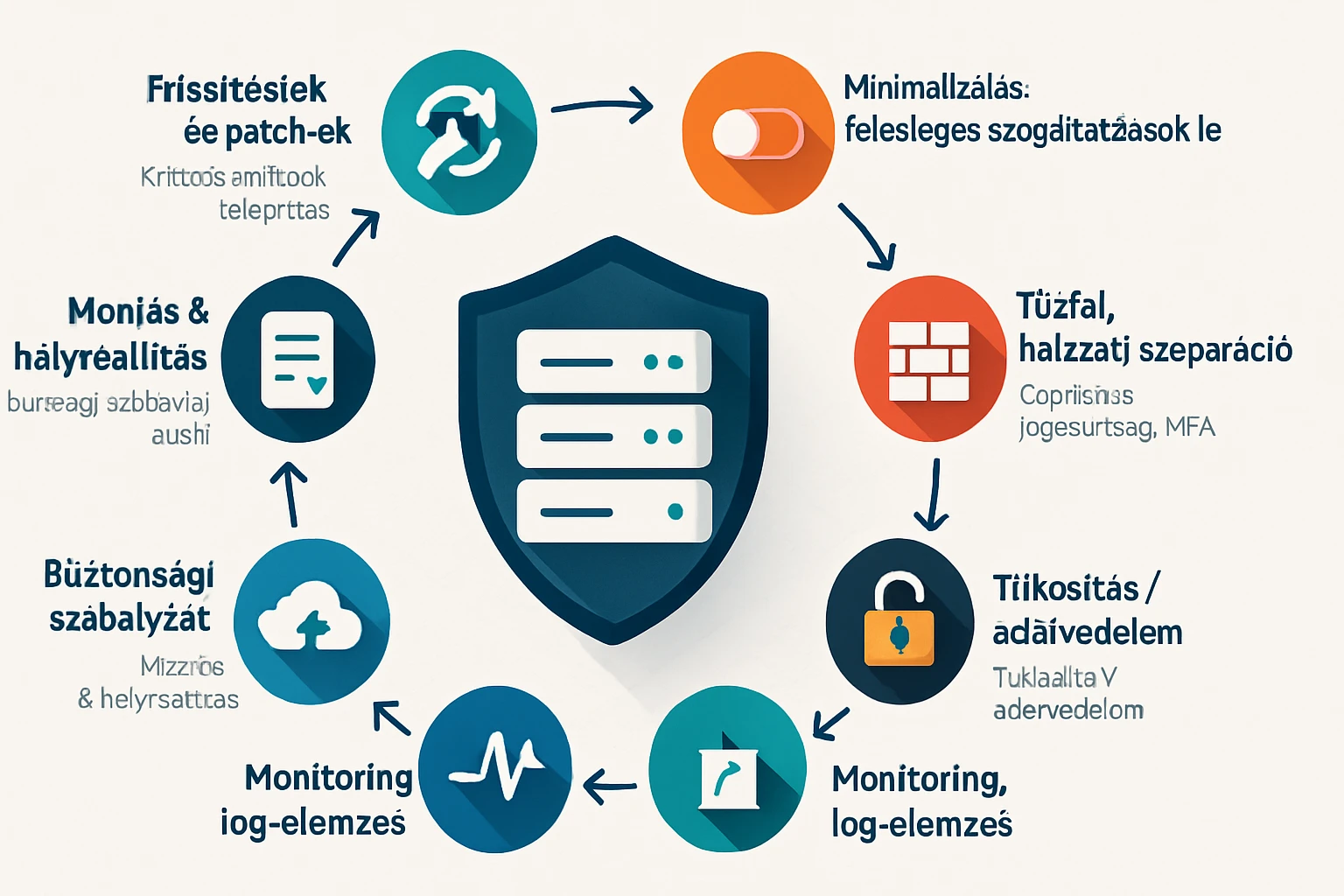 Kiberbiztonsági intézkedések ábrázolása, védelmi folyamatokkal és ikonokkal.