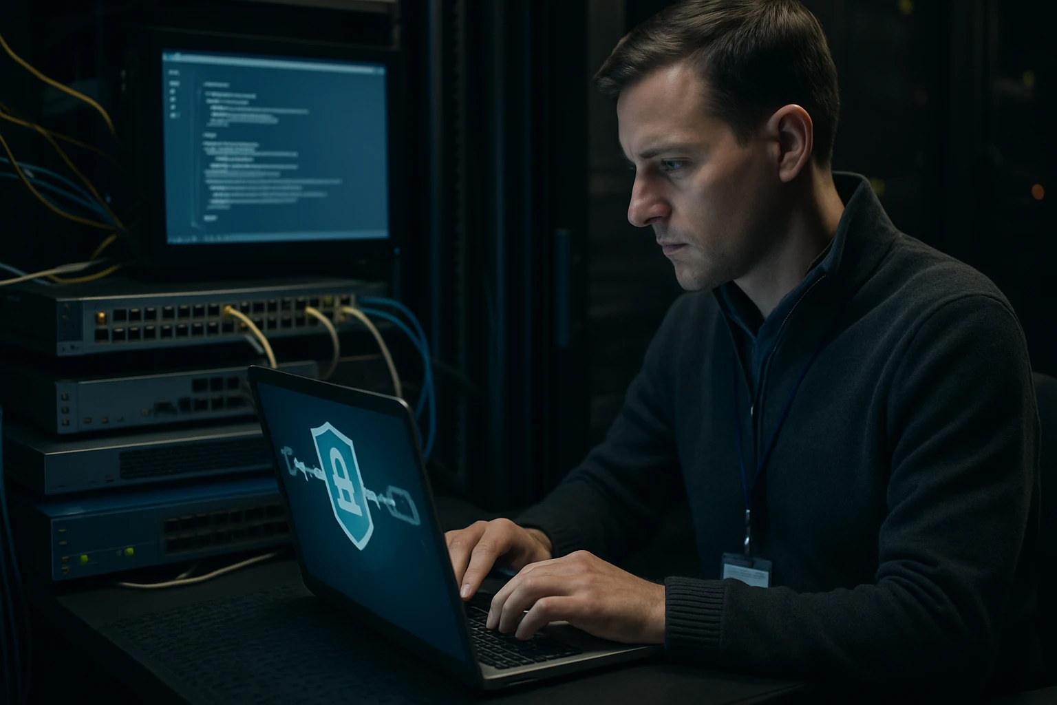 Egy férfi számítógépen dolgozik, háttérben hálózati eszközökkel.