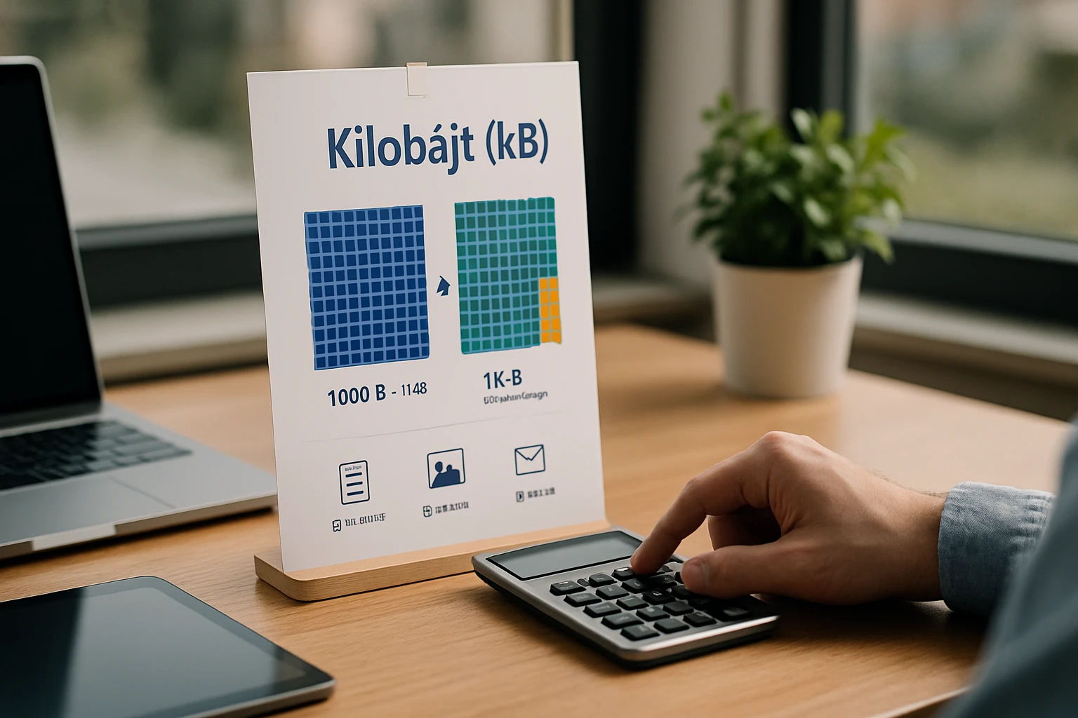 Egy asztalon álló táblázat a kilobájtokról, számológép mellett.