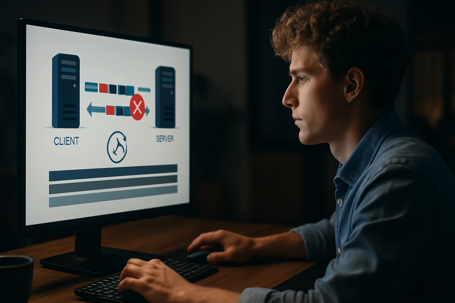 Egy fiatal férfi számítógép előtt ül, a monitoron kliens és szerver közötti kapcsolat látható.