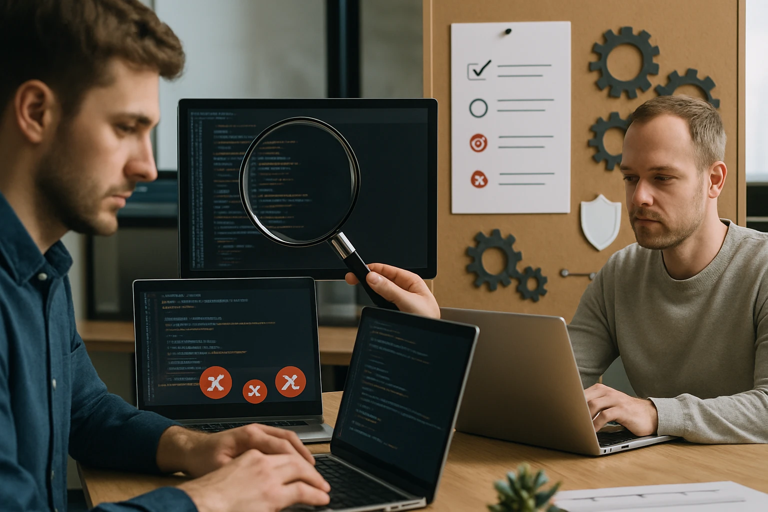 Két férfi dolgozik számítógépeken, kódot elemeznek és hibákat keresnek.