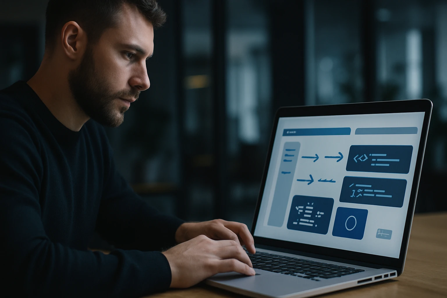 Egy férfi figyelmesen dolgozik egy laptopon, kódolási felület látható a képernyőn.