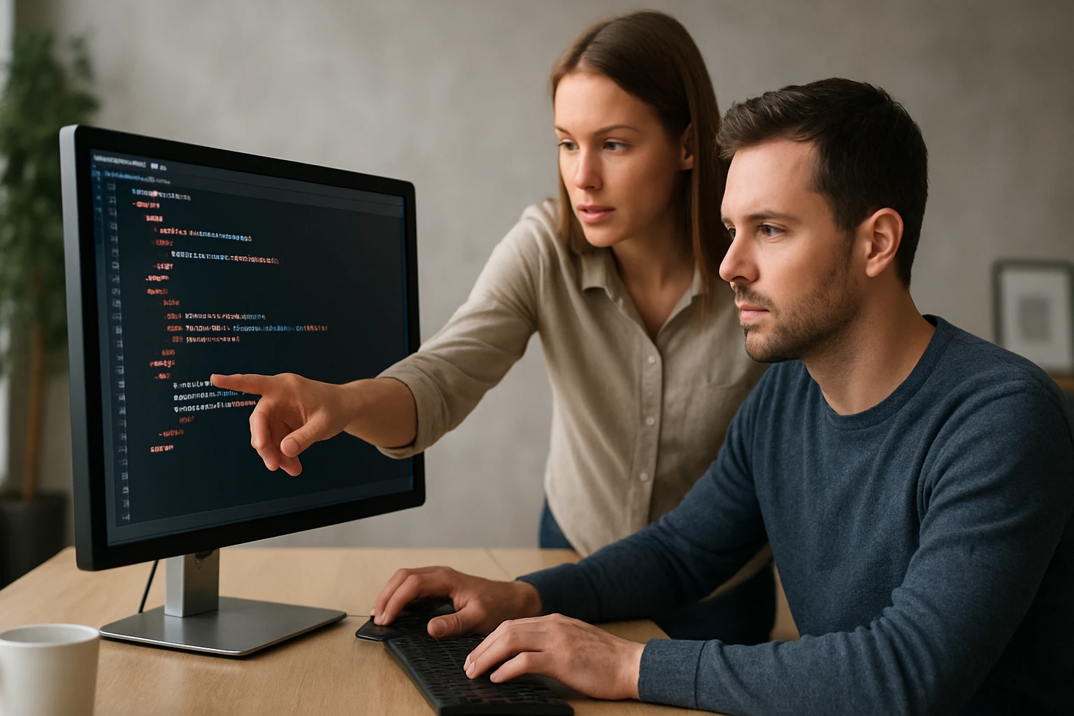 Két programozó együtt dolgozik, a képernyőn kód látható.