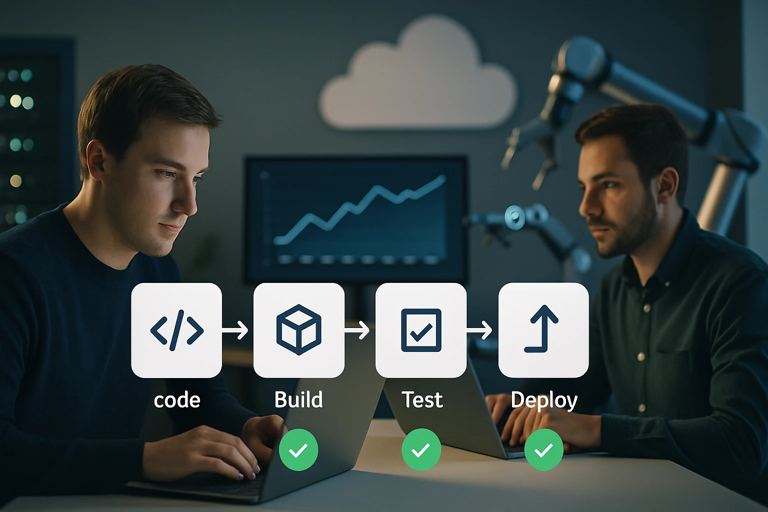 Két programozó dolgozik laptopon, a képernyőn kódolási folyamat lépései láthatók.