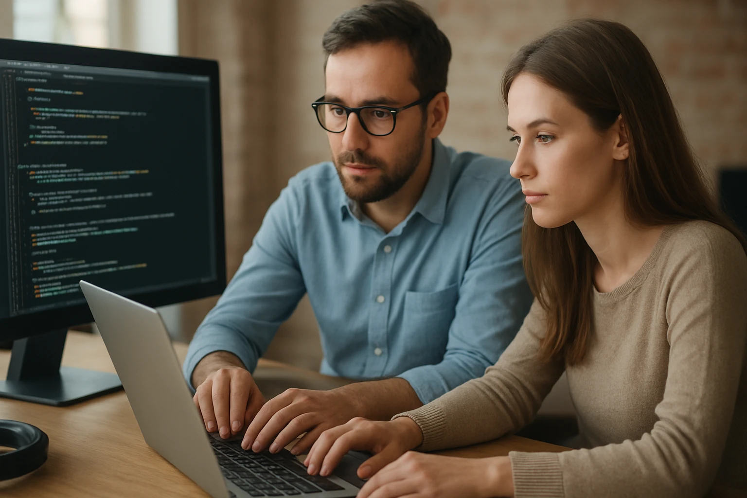 Két fiatal szakember együtt dolgozik laptopon, programozási kódot néznek.