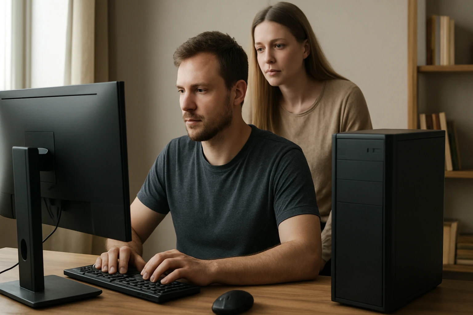 Egy férfi számítógépen dolgozik, mögötte egy nő figyeli őt.