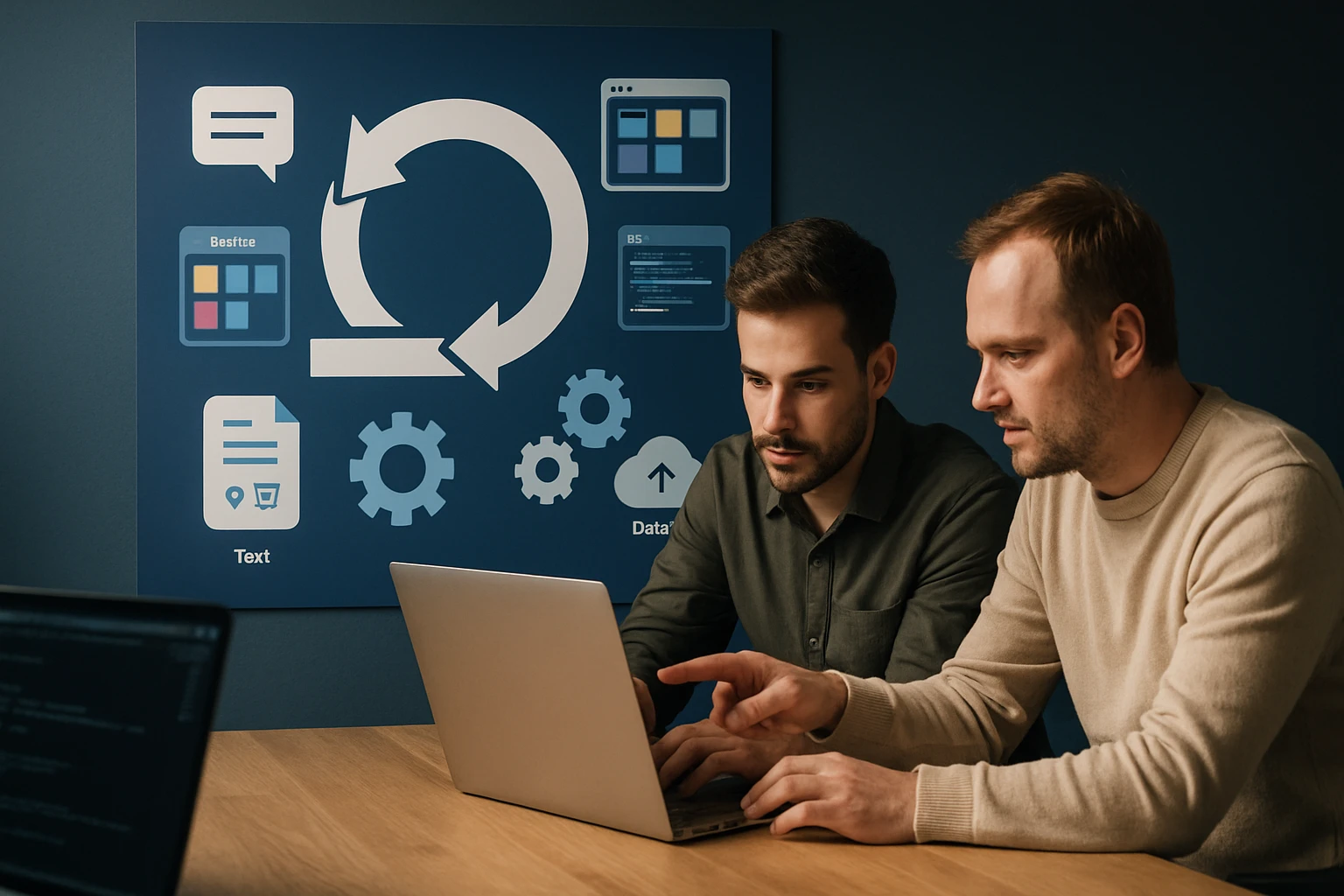 Két férfi laptop előtt ül, technológiai grafika látható a falon.