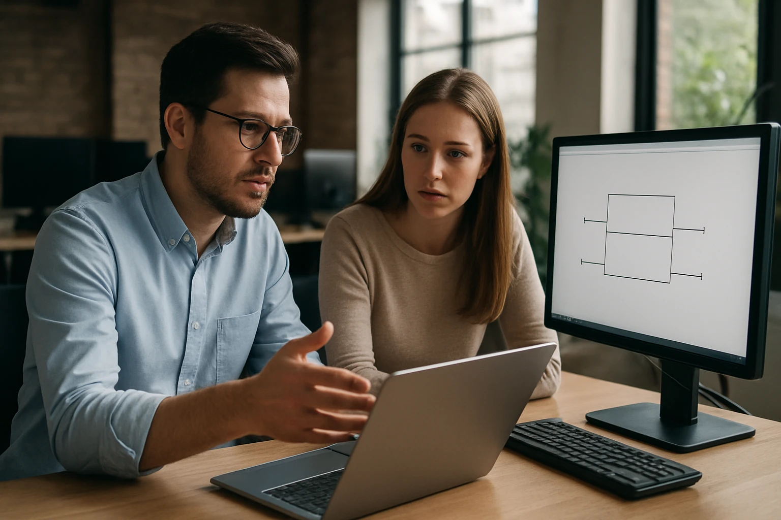 Két fiatal szakember egy laptop előtt ül, beszélgetnek és dolgoznak.