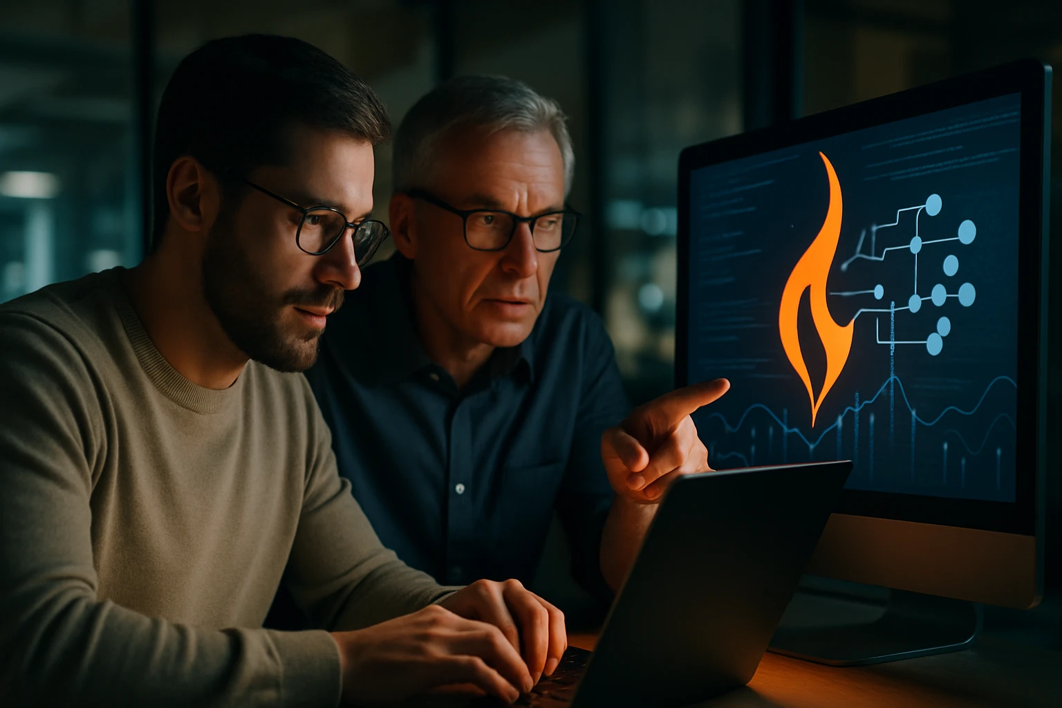 Két férfi együtt dolgozik egy laptopon, miközben egy monitoron grafikonok láthatók.
