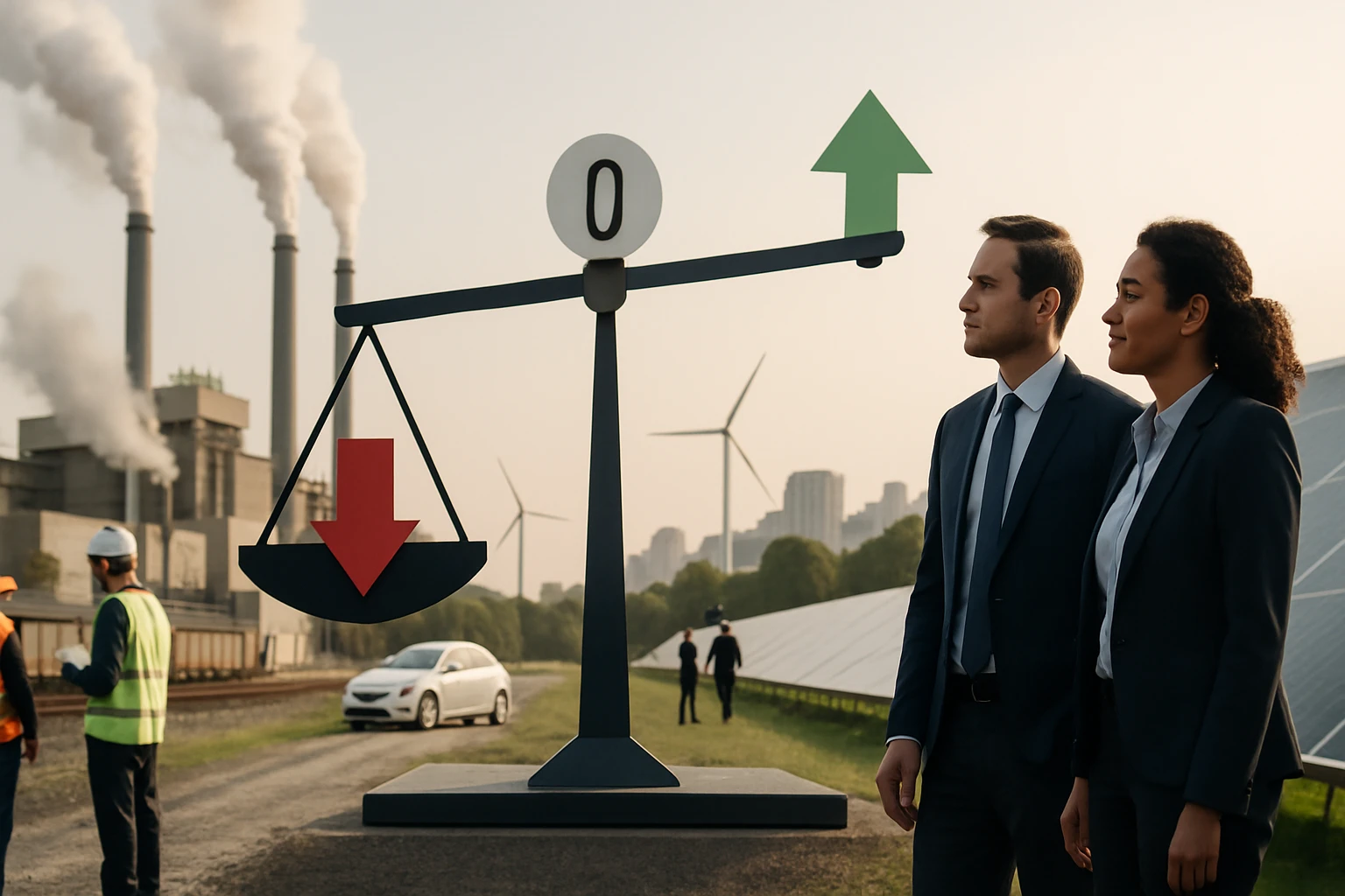 Két üzletember áll egy mérleg mellett, amely a környezeti hatásokat szimbolizálja.