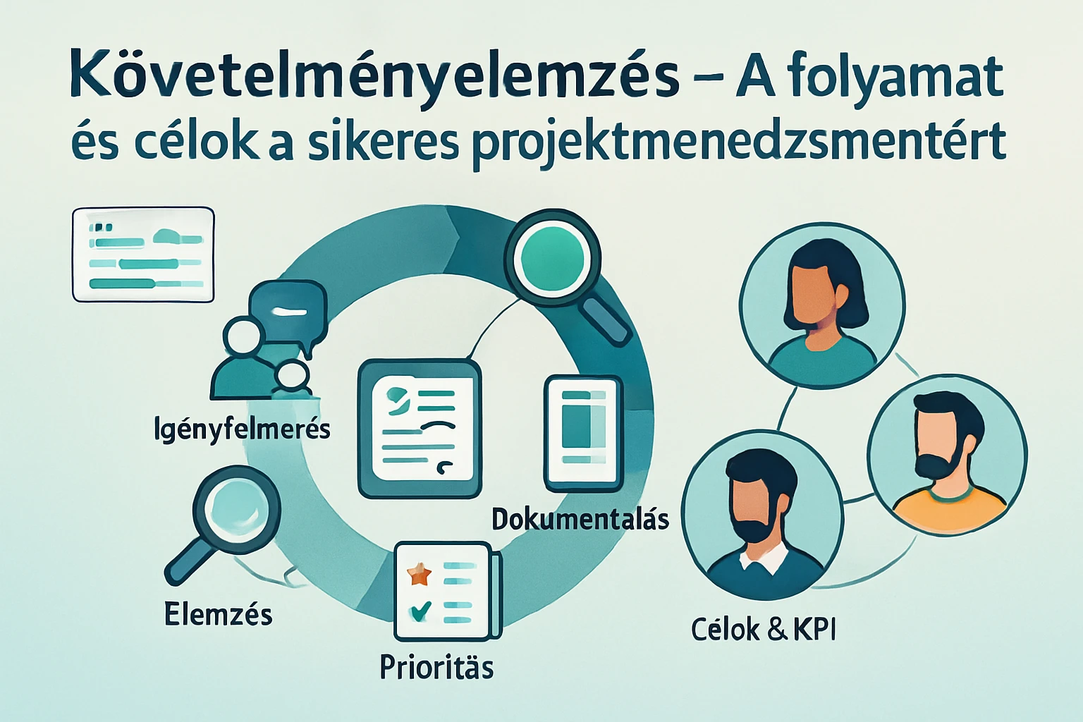 A követelményanalízis folyamata, grafikus ábrázolással és ikonokkal.