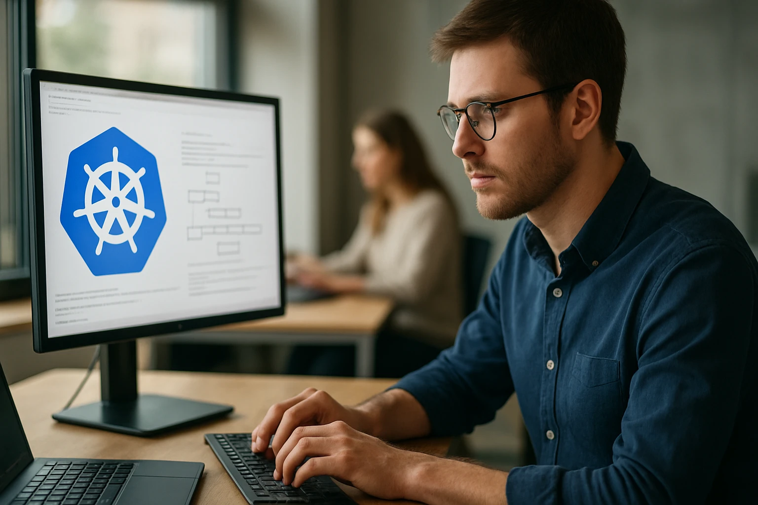 Egy fiatal férfi dolgozik a számítógépén, a képernyőn Kubernetes logó látható.