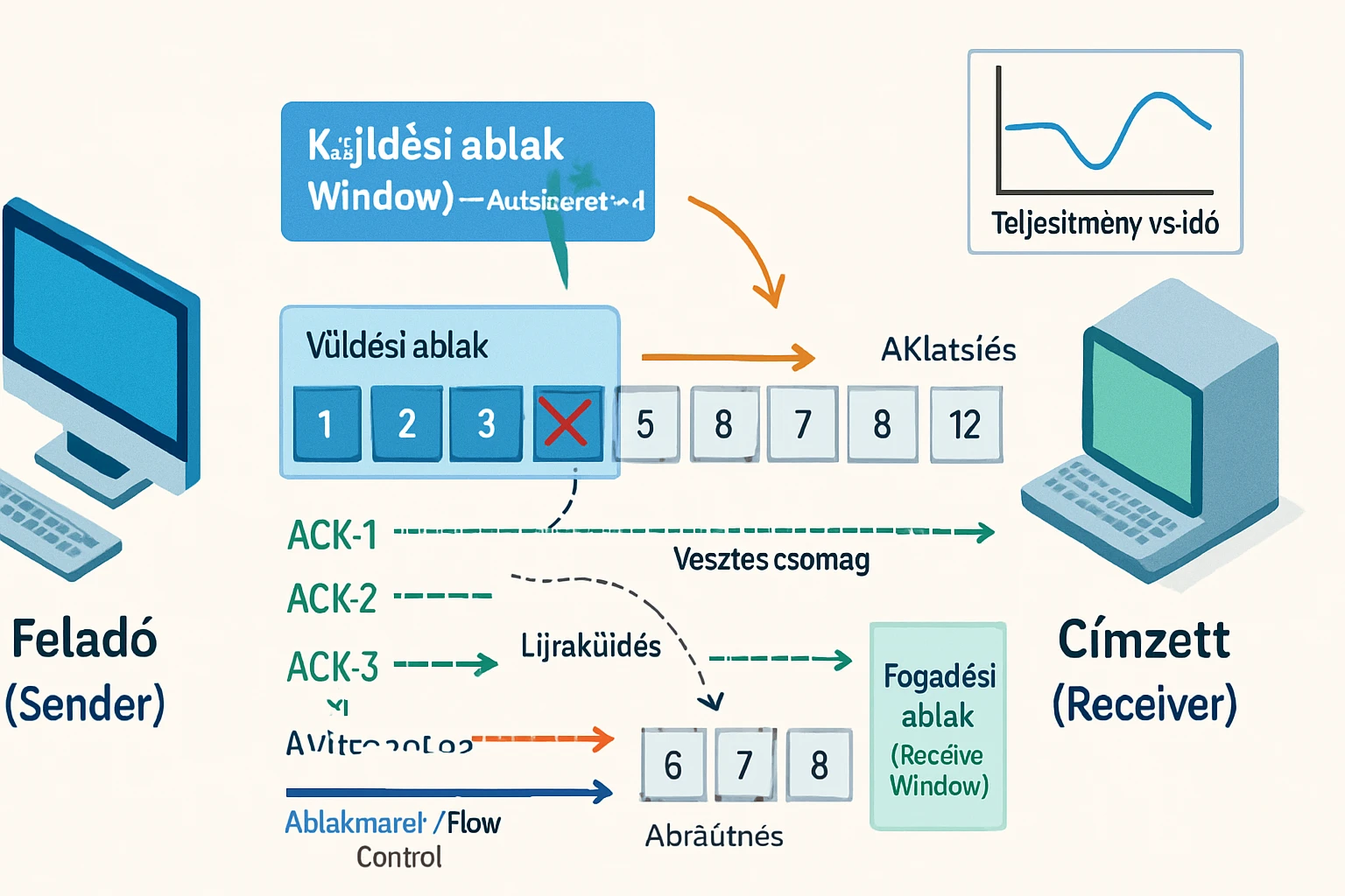 Kép a küldési ablak mechanizmusáról, amely a hálózati adatátvitelt szemlélteti.