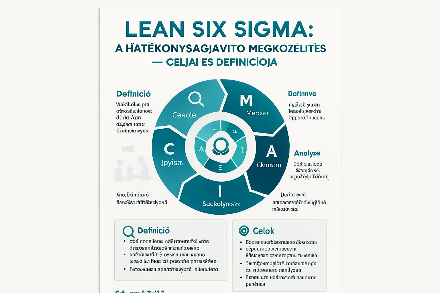 A Lean Six Sigma módszertan kördiagramja, amely a hatékonyság javításának lépéseit mutatja be.