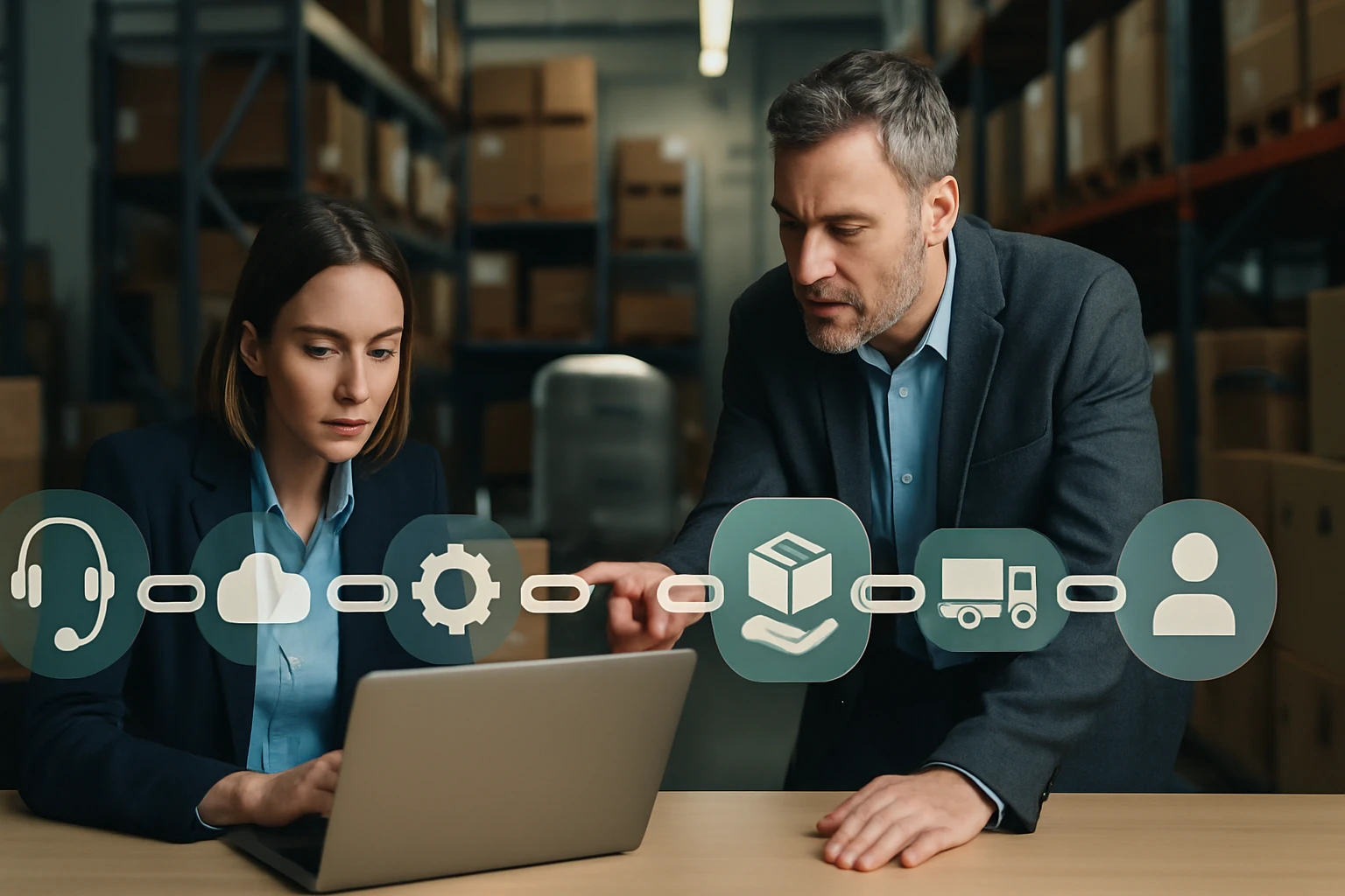 Két szakember egy laptop előtt, logisztikai folyamatokat elemzik, háttérben raktár.