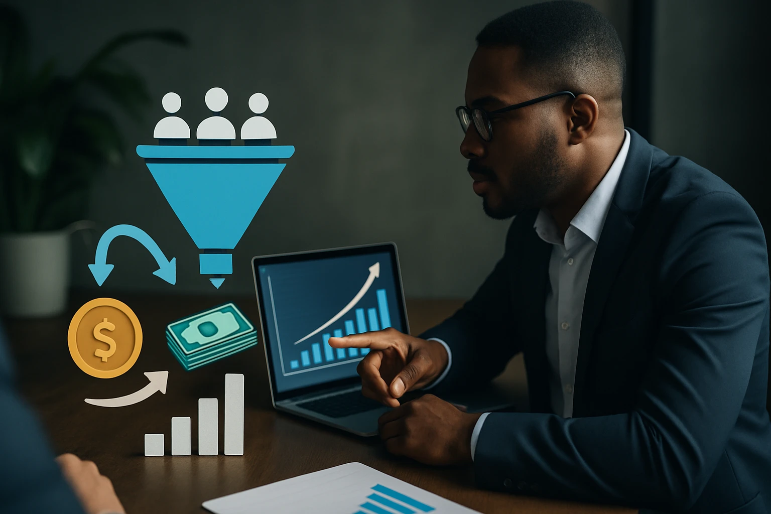 Egy üzletember laptop előtt, marketing és pénzügyi grafikonokkal, elemzést végez.