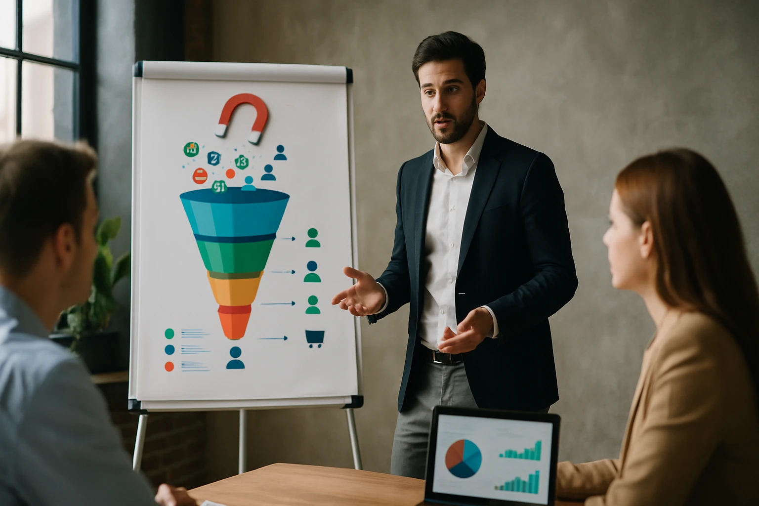 Egy férfi prezentál egy marketing tölcsér grafikát egy értekezleten.