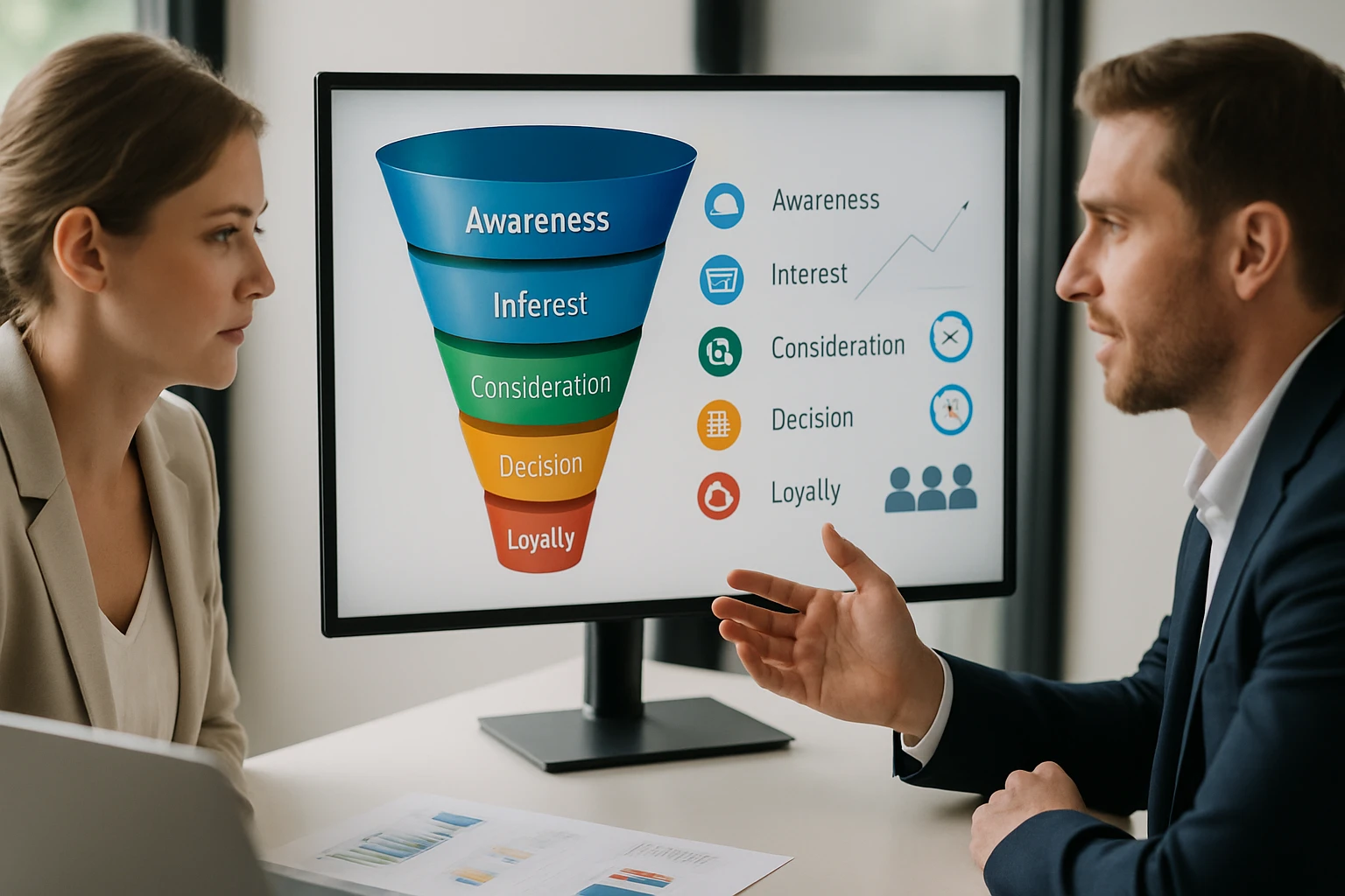 Két üzletember beszélget egy marketing tölcsérről, amely a vásárlói döntési folyamatot mutatja.