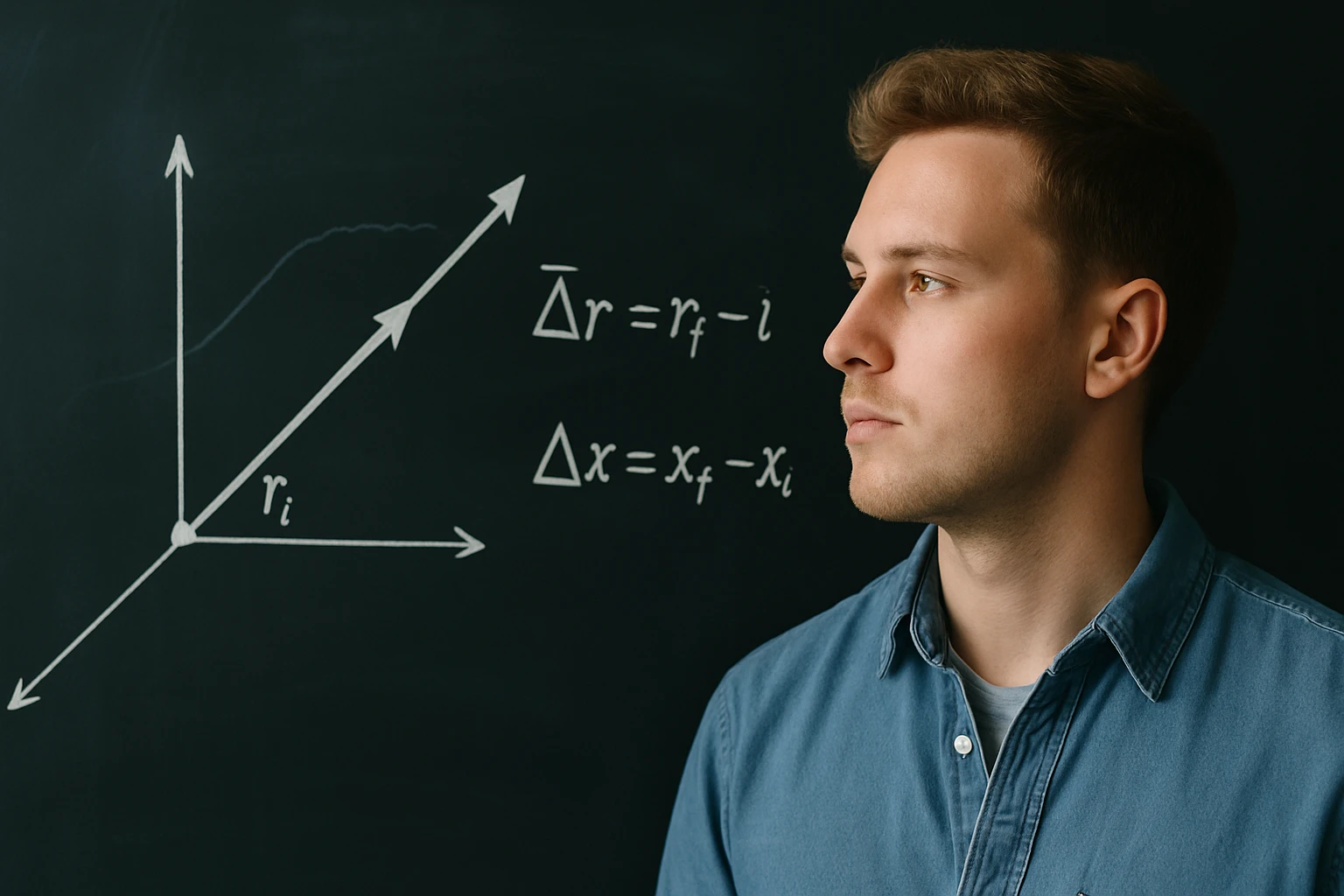 Egy fiatal férfi néz egy táblára, amelyen matematikai képletek és grafikon látható.