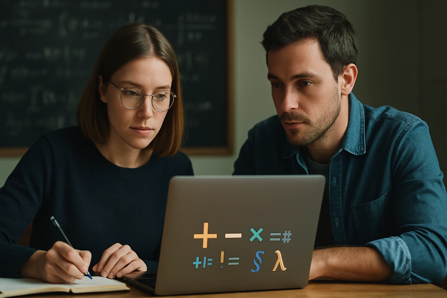 Két fiatal felnőtt számítógép előtt ül, matematikai szimbólumokkal díszített laptopon dolgoznak.
