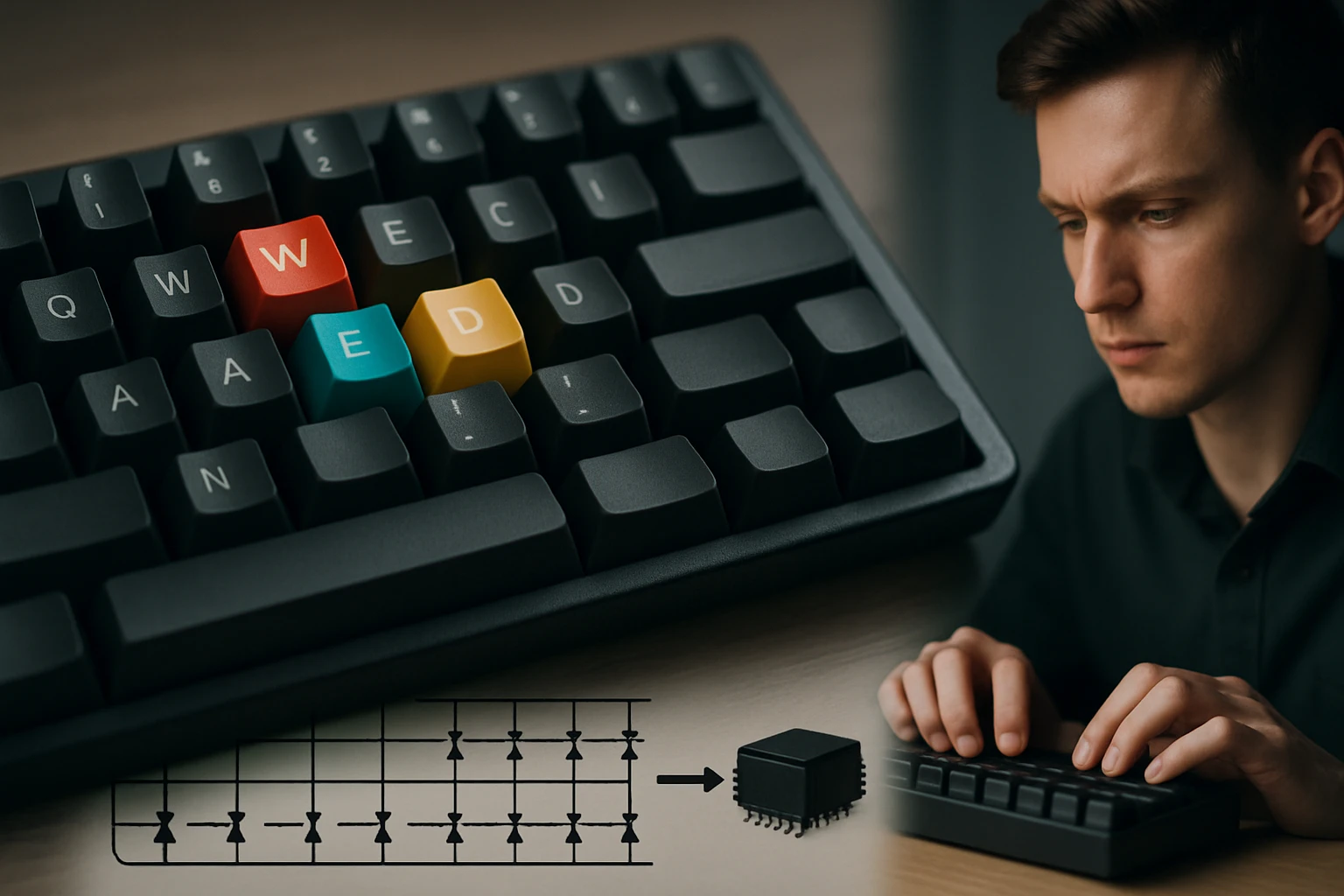 Egy fekete mechanikus billentyűzet, színes billentyűkkel és egy férfi, aki gépel.