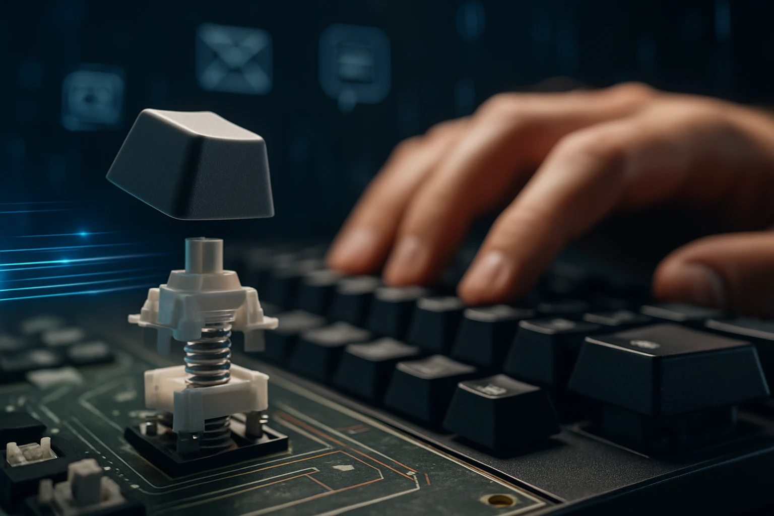 Egy billentyűzet kiemelt billentyűje, alatta látható a mechanikus kapcsoló szerkezete.