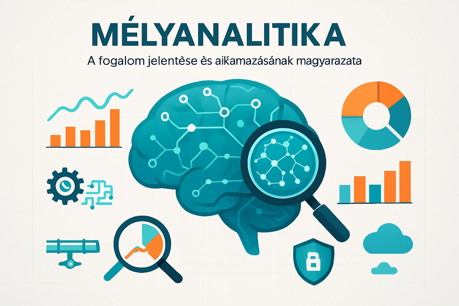 Egy stilizált agy grafikai elemekkel, mint diagramok és statisztikák.