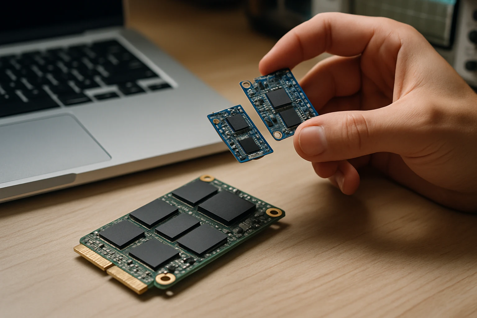 Két különböző méretű memória modul a kézben, egy SSD mellett.