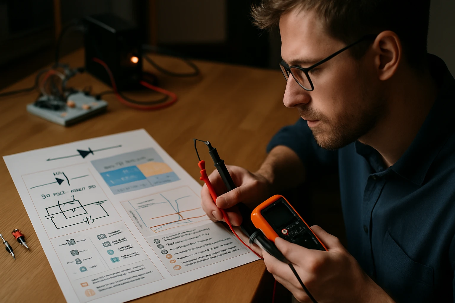 Egy fiatal férfi multimétert használ, miközben egy áramkör diagramját tanulmányozza.