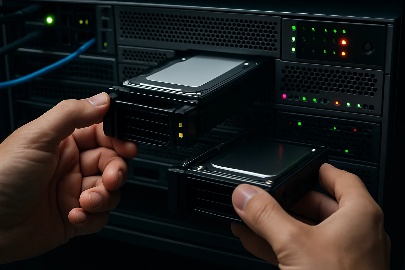 Két kéz egy merevlemezt helyez be egy szerverbe, háttérben zöld és piros LED-ek.