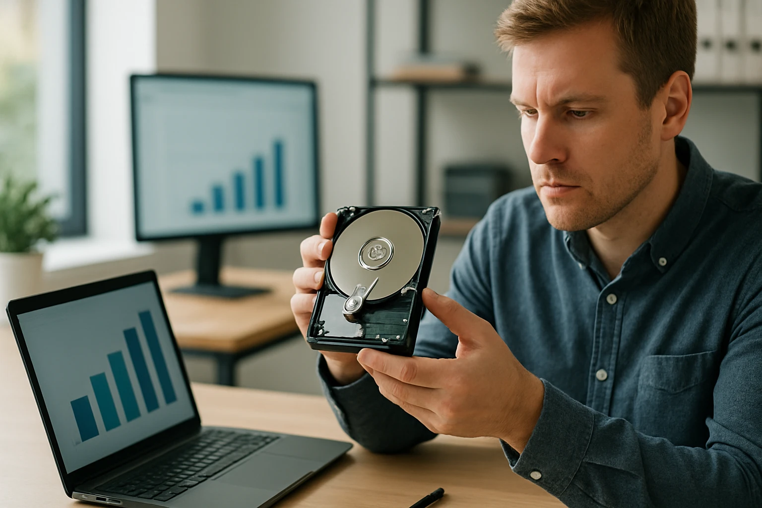 Egy férfi egy merevlemezt vizsgál, miközben laptop és grafikonok láthatók a háttérben.