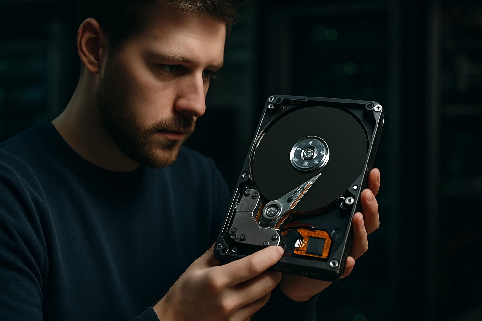 Egy férfi figyelmesen nézi a kezében tartott merevlemezt.