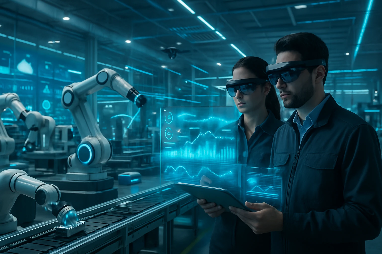 Két mérnök, akik okosszemüveget viselnek, adatokat elemeznek egy gyárban.