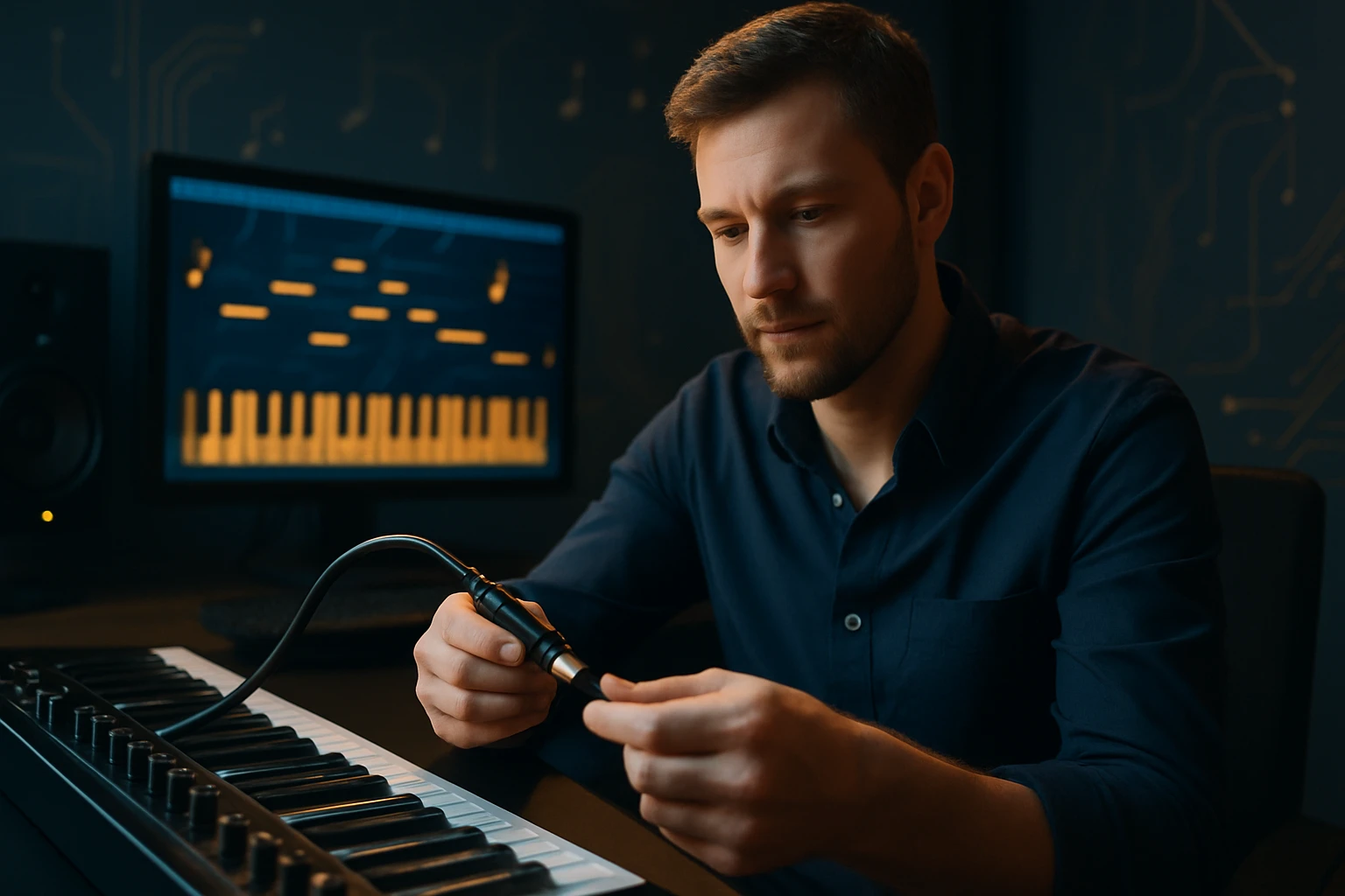 Egy férfi egy MIDI billentyűzetet és kábelt használ stúdióban.