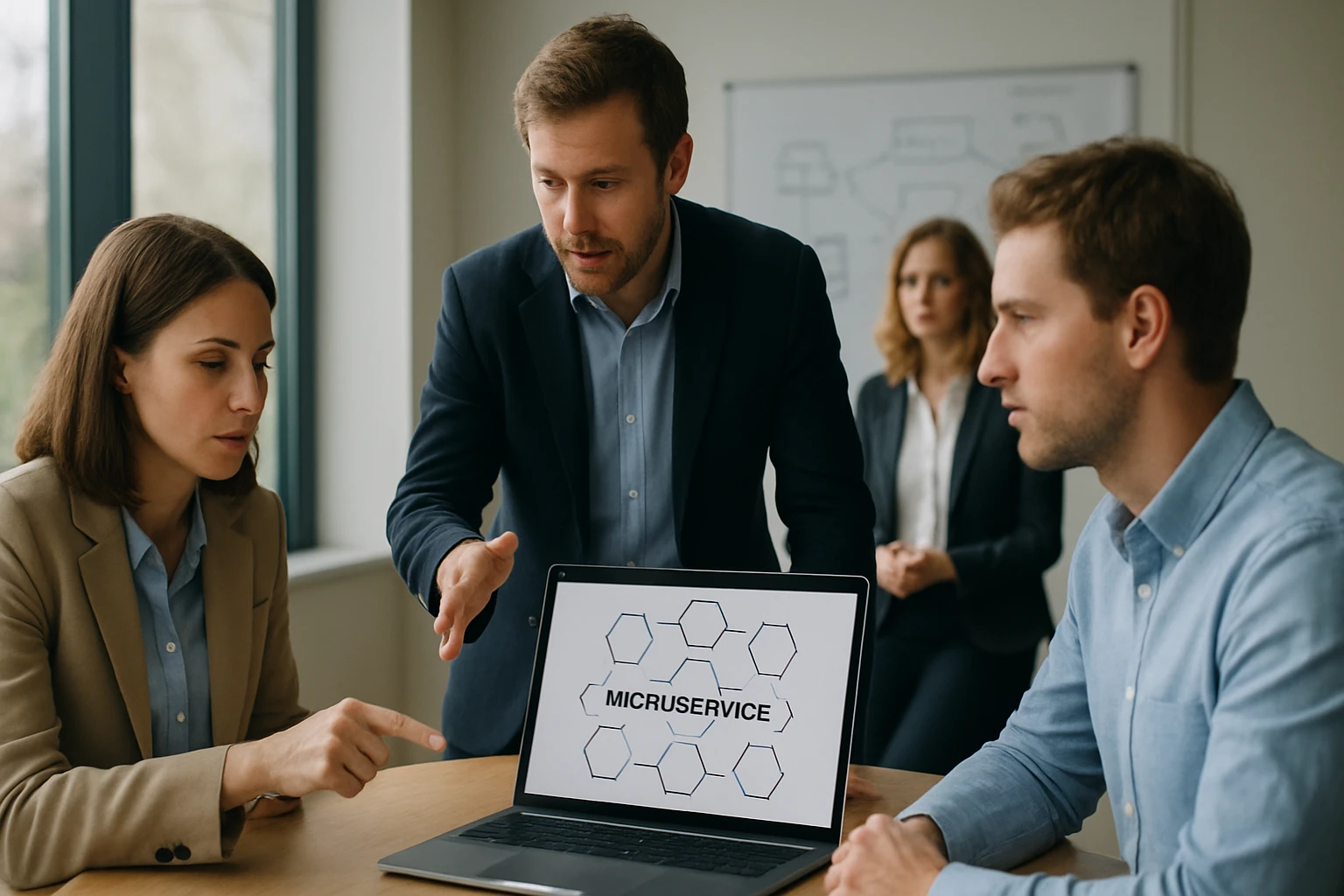 Egy üzleti megbeszélés során a csapat tagjai a mikroszolgáltatásokról beszélgetnek.