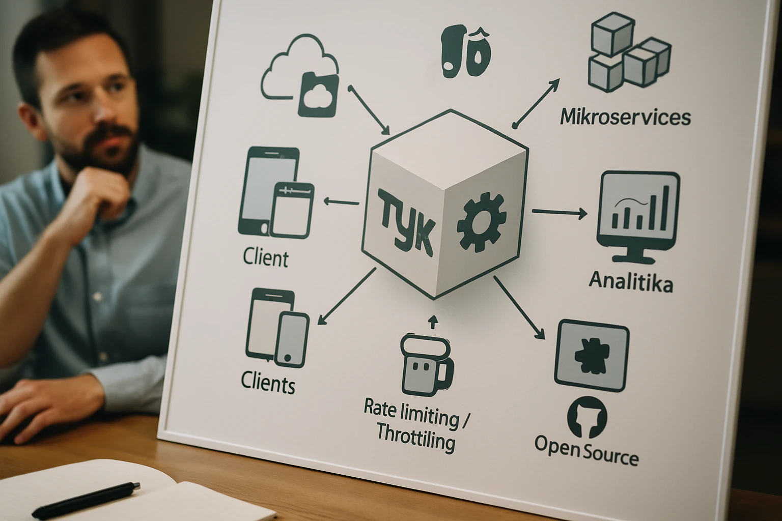 Egy férfi a TYK logóval ellátott táblázat előtt ül, amely a mikroszolgáltatásokat mutatja be.
