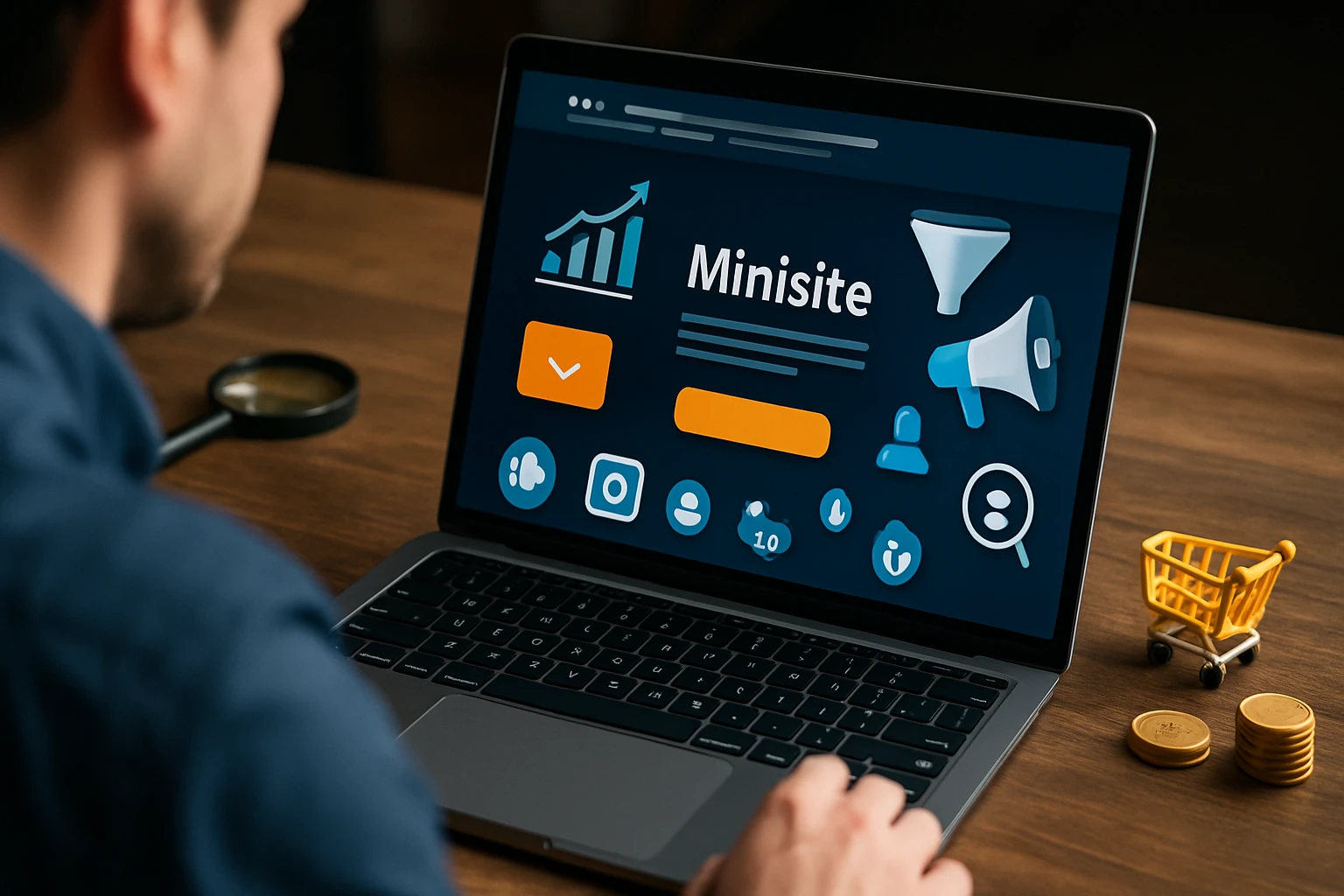 Egy férfi laptopján a Minisite felületét nézi, grafikonokkal és ikonokkal.