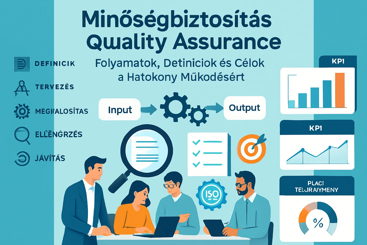 Egy csapat dolgozik a minőségbiztosítás folyamatain, grafikonok és ikonok kíséretében.