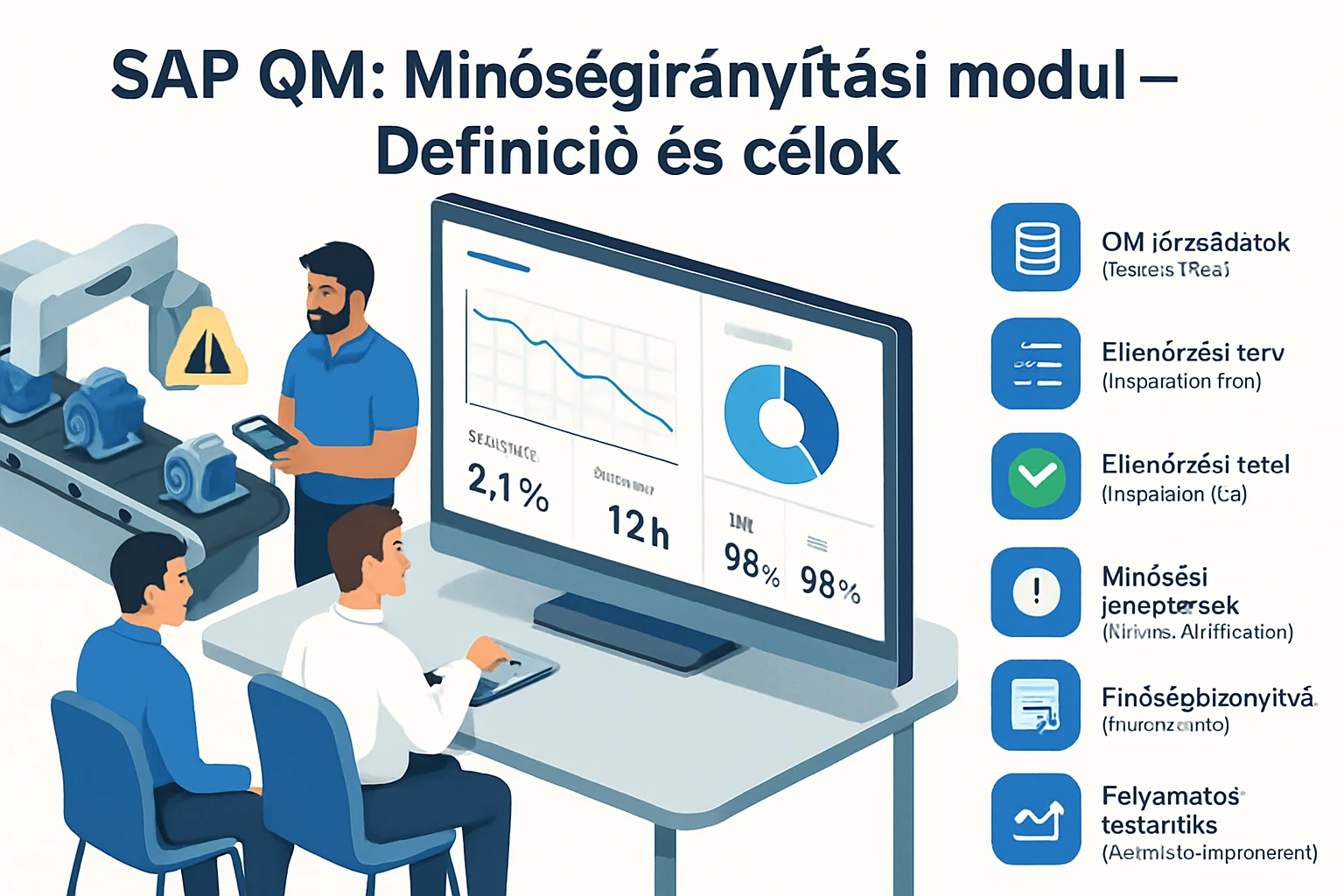 Két férfi egy számítógép előtt, minőségellenőrzési adatokkal és grafikonokkal.