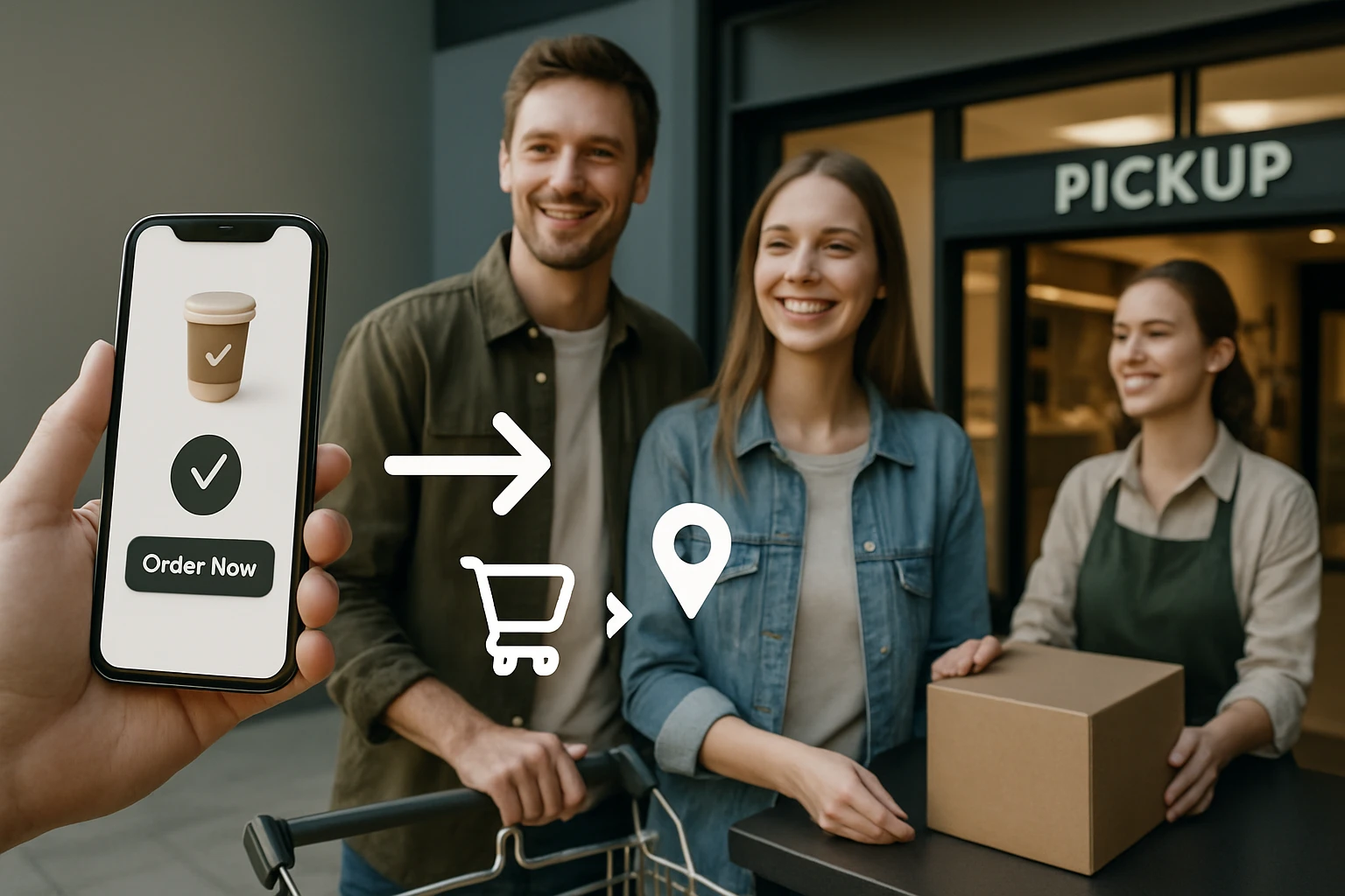 Egy mobiltelefonon kávé rendelése látható, miközben boldog vásárlók várakoznak.