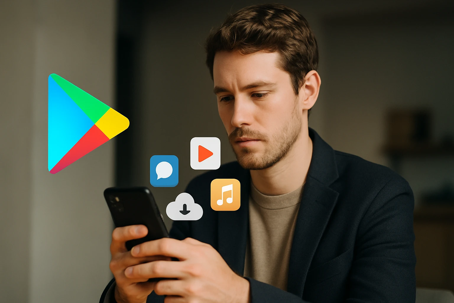 Egy fiatal férfi okostelefont használ, miközben különböző alkalmazások ikonja látható.