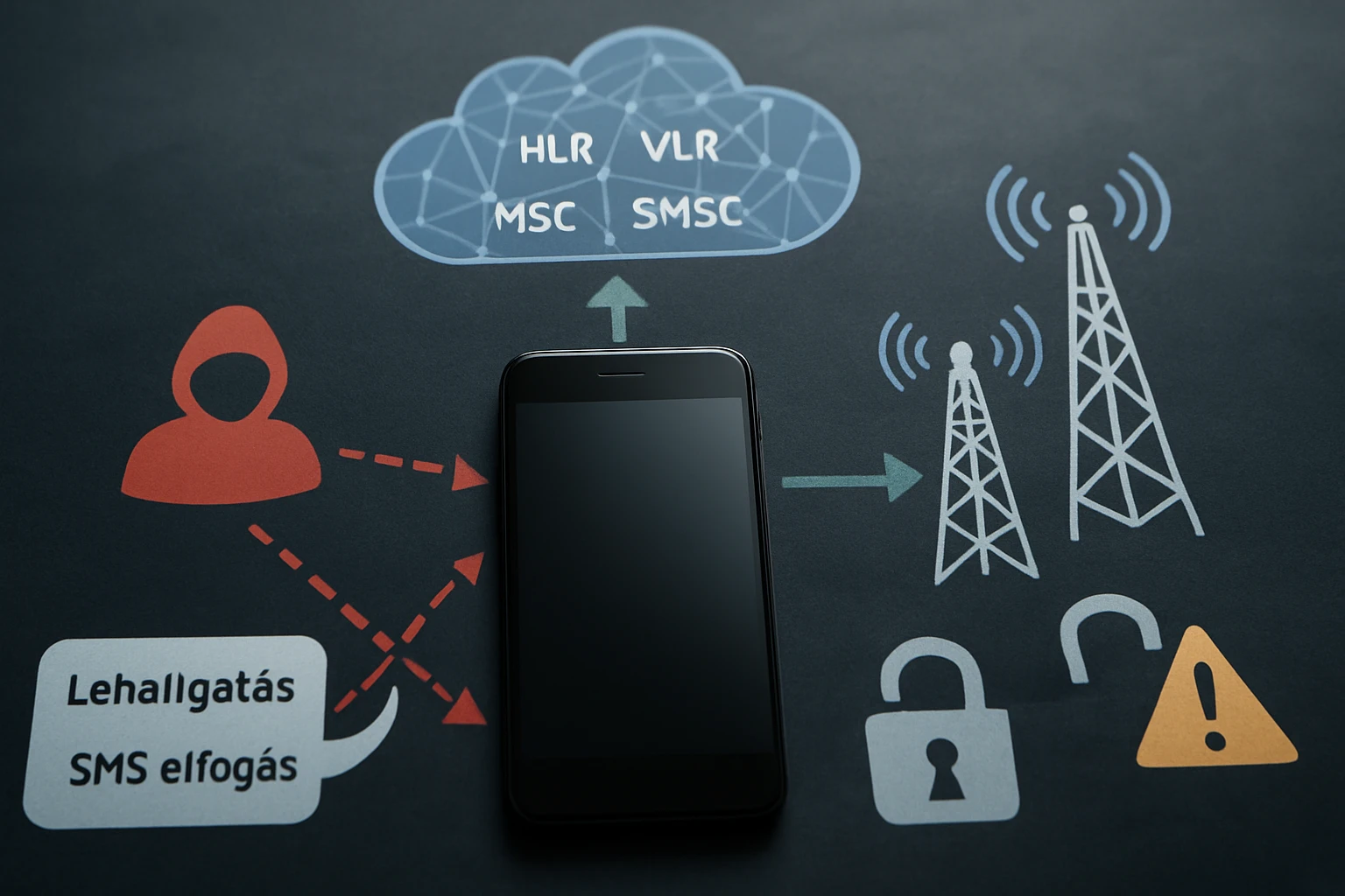 Egy okostelefon, amely körül hálózati elemek és biztonsági figyelmeztetések láthatók.