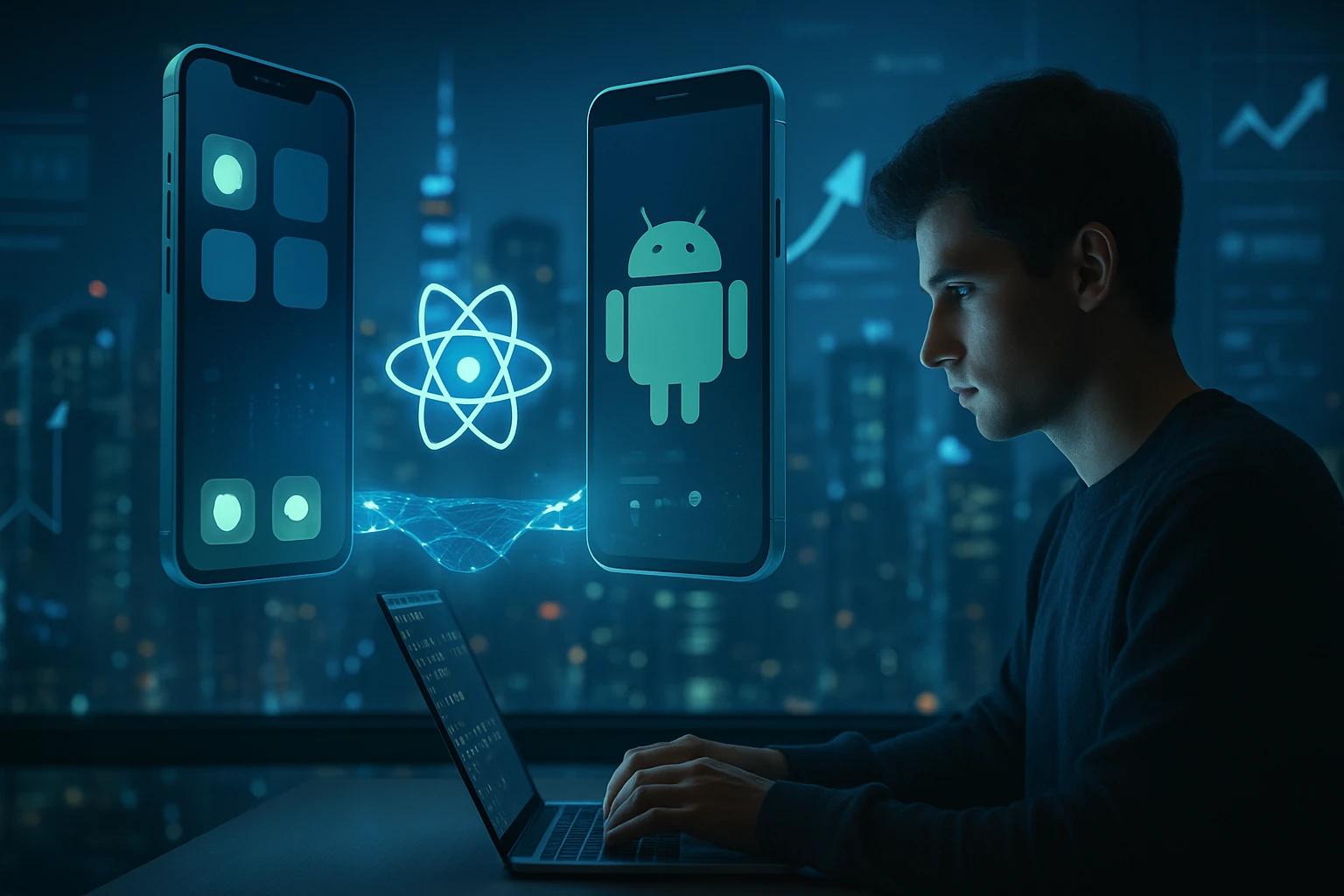 Egy fiatal férfi laptopon dolgozik, miközben mobiltelefonok és technológiai ikonok lebegnek a képernyő előtt.