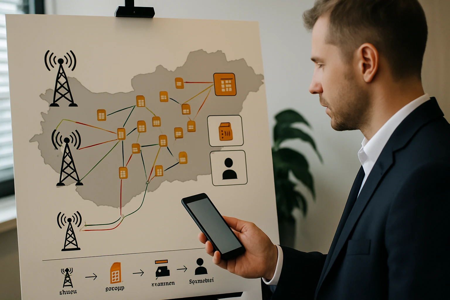 Egy férfi okostelefonnal áll egy térkép előtt, amely a mobilhálózatokat mutatja.
