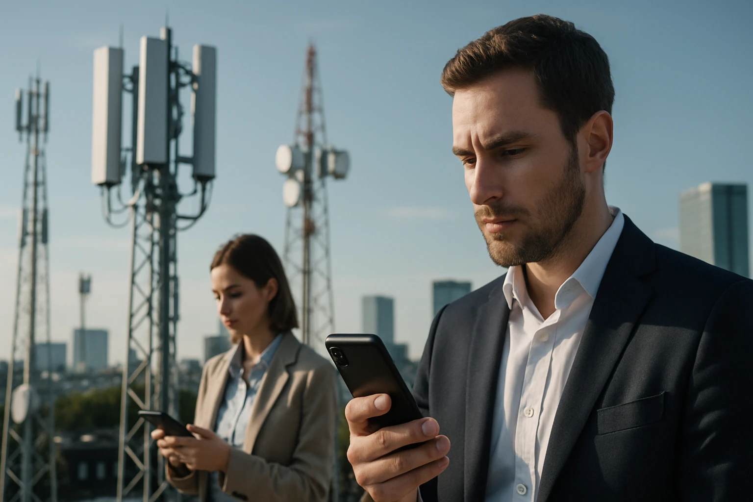 Két üzletember áll a tetőn, mobiltelefonokat használva, háttérben antennák.