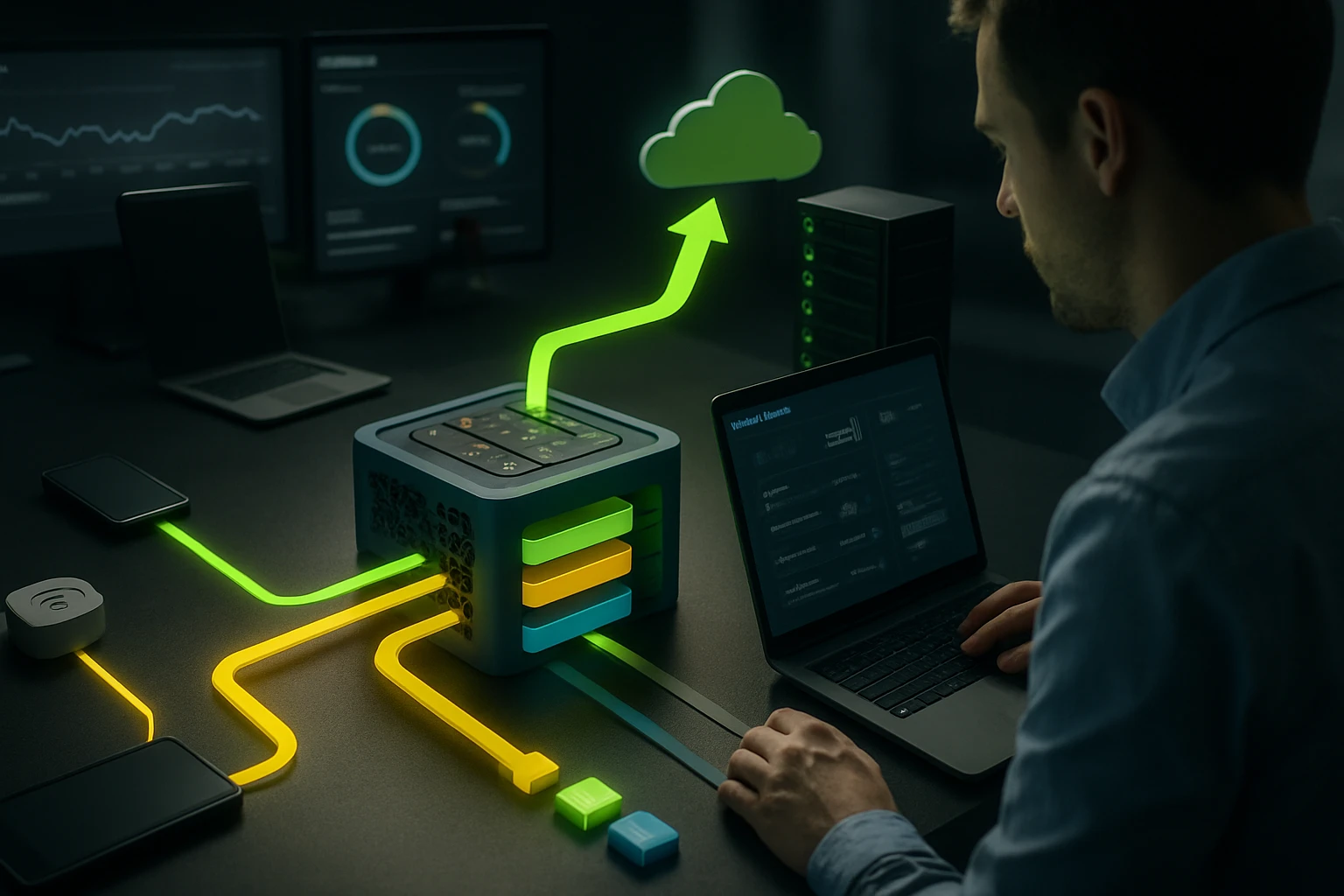 Egy férfi laptopon dolgozik, miközben egy modern adatfeldolgozó eszköz látható, színes kábelekkel.