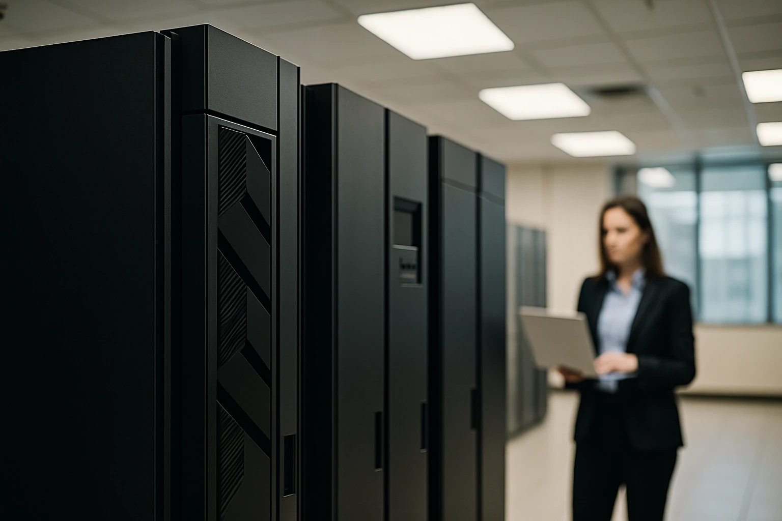 Egy nő laptopot használ egy modern adatközpontban, háttérben szerverekkel.